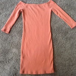 Off the shoulder Peach Body Con ribbed mini dress